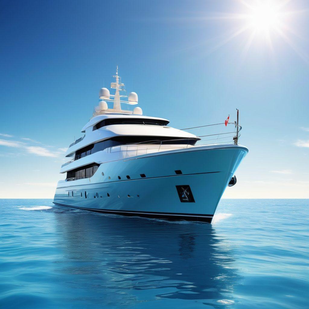 A luxurious yacht sailing through calm blue waters under a sunny sky, with a calm horizon in the background. Incorporate elements like insurance documents fluttering in the breeze, and icons representing different coverage options, such as anchors and life jackets. Highlight the feeling of adventure and security, with vibrant colors that emphasize the beauty of the sea. super-realistic. vibrant colors. white background.