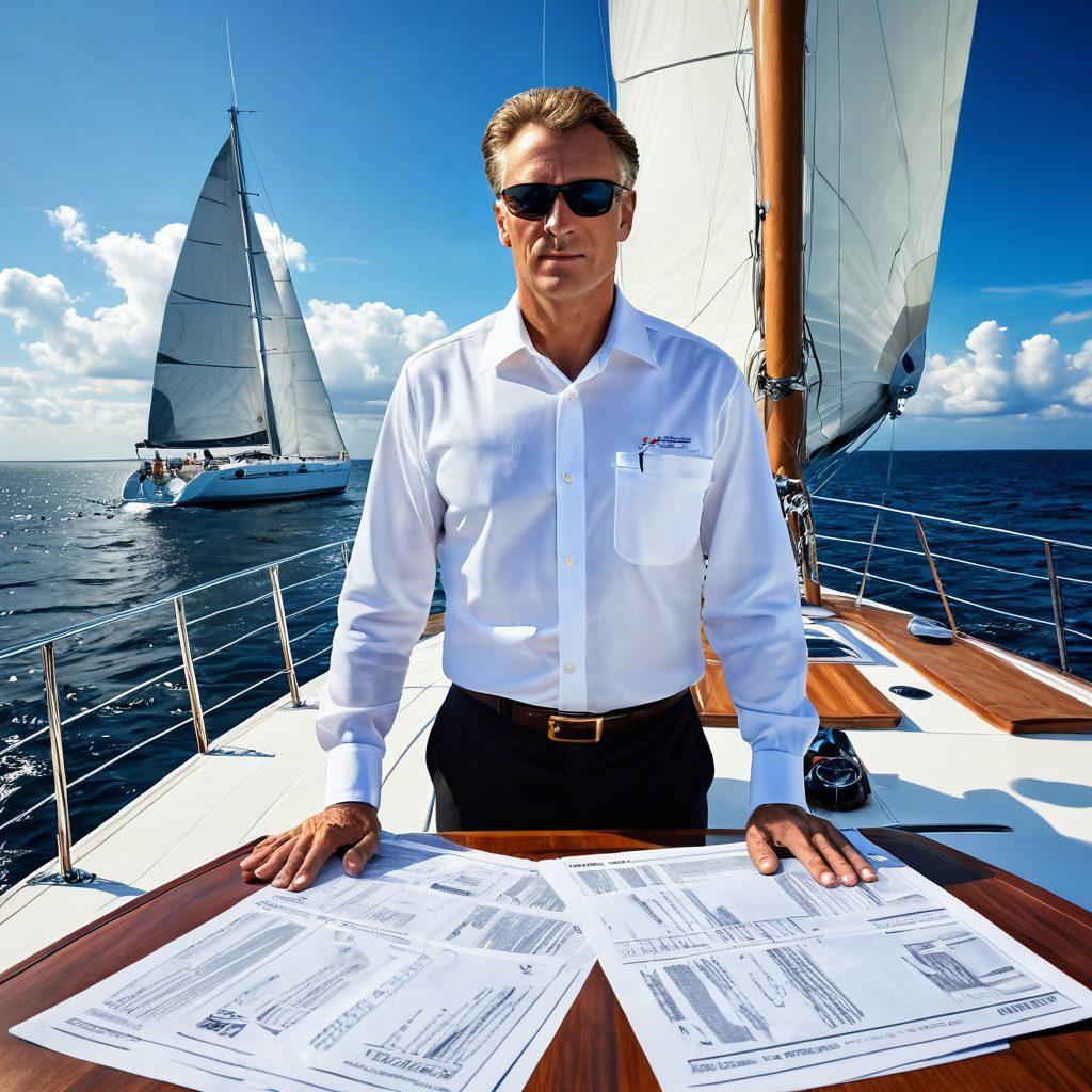 A majestic luxury yacht sailing smoothly over crystal-clear blue waters under a bright sun, with a confident captain standing at the helm, surrounded by insurance documents and safety gear scattered thoughtfully on deck. In the background, an idyllic coastal landscape and a distant stormy sky symbolize the importance of protection. vibrant colors. super-realistic. high detail.