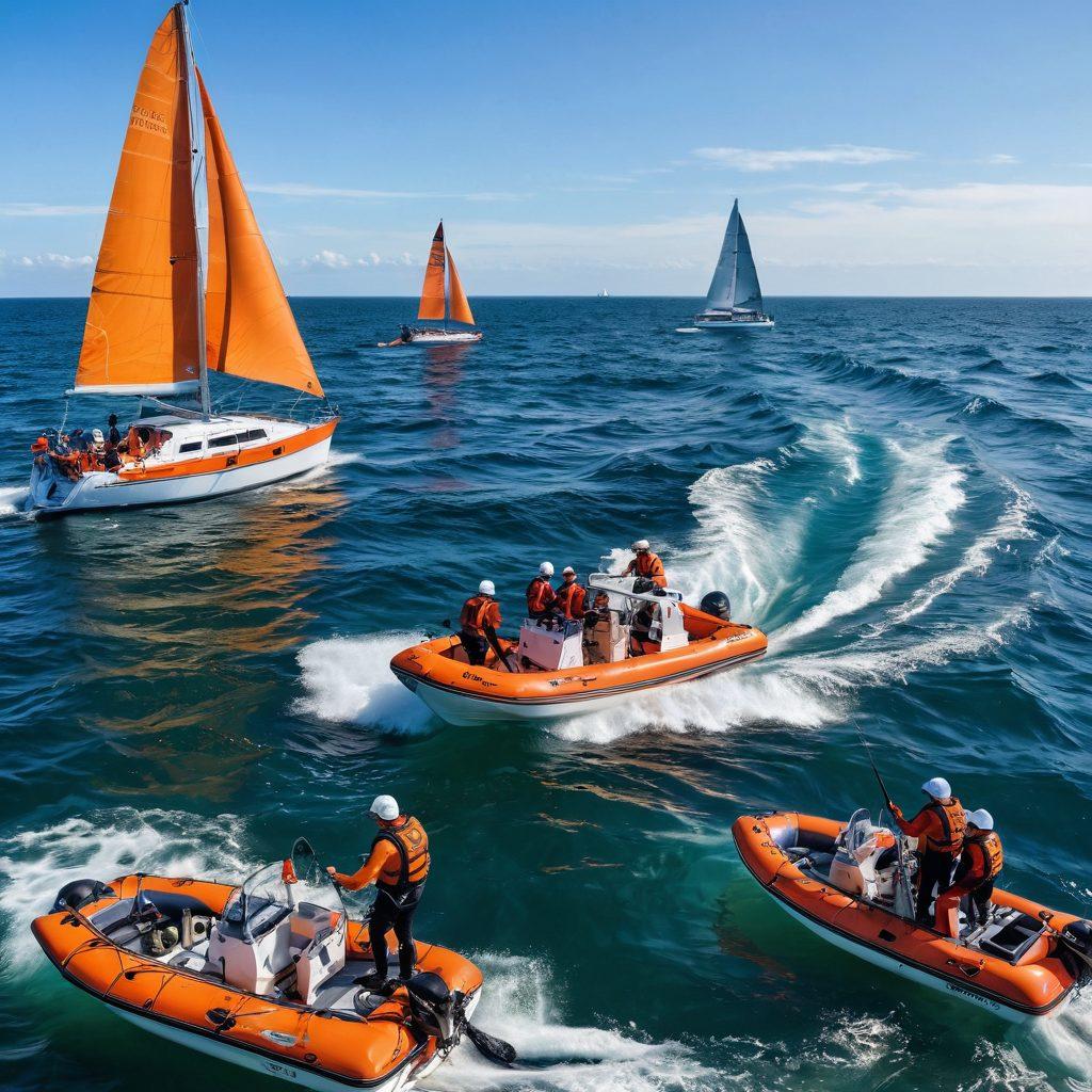 A captivating maritime scene showcasing a diverse group of boaters exploring the vast ocean, with essential safety gear prominently displayed, including life jackets, emergency kits, and navigation tools. In the background, sailboats and yachts dot the horizon under a bright blue sky. Include playful dolphins leaping through the waves, symbolizing adventure and excitement. The image should evoke a sense of exploration and security. super-realistic. vibrant colors.